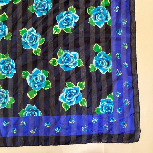 Vintage Blue Roses Rose Flower Scarf Floral 20 X 20" Made in Italy Chiffon Green - Picture 5 of 16